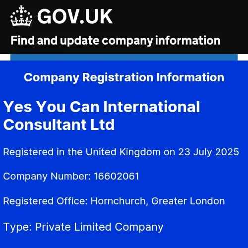 Company registration information for Yes You Can International Consultant Ltd, including registration details, company number, and office location.