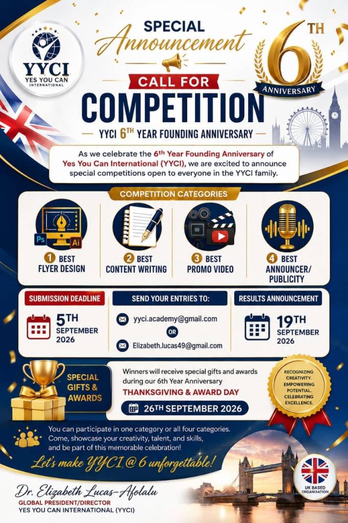 Promotional poster for YYCI's 6th Anniversary, featuring competition categories for flyer design, content writing, promo video, and announcement/publicity. Includes submission deadlines and contact information.